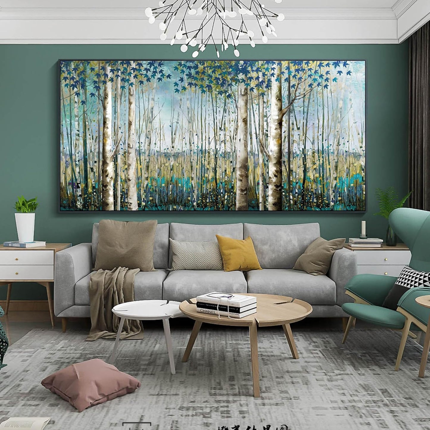 Pogusmavi Tree of Life Wall Art - Large Nature Birch Tree Canvas Painting for Home Decor | Framed Green Artwork for Living Room, Bedroom, and Office | Teal Wall Art Decoration 24x48 Inch