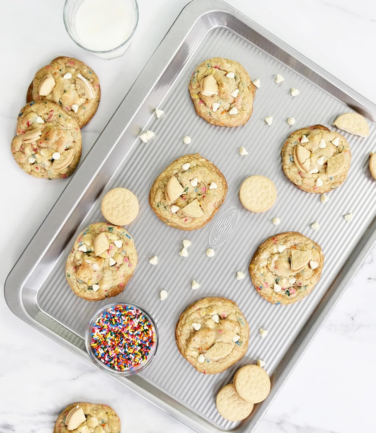 USA Pan Bakeware Aluminzed Steel 5-Piece Set Half, Cookie Sheet, Loaf, Square, Round Cake Pan