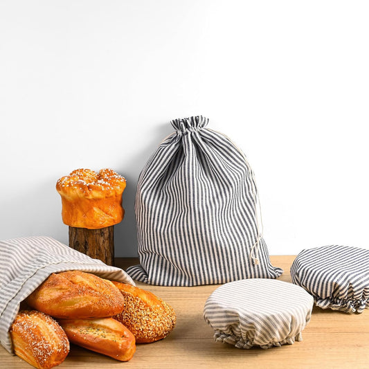 4 Pack Sourdough Bread Bags Linen Bread Bags for Homemade Bread Sourdough with Bowl Cover - Reusable Bread Storage Bags Sourdough Bread Bag & Beeswax Bread Bag with Bread Proofing Cover
