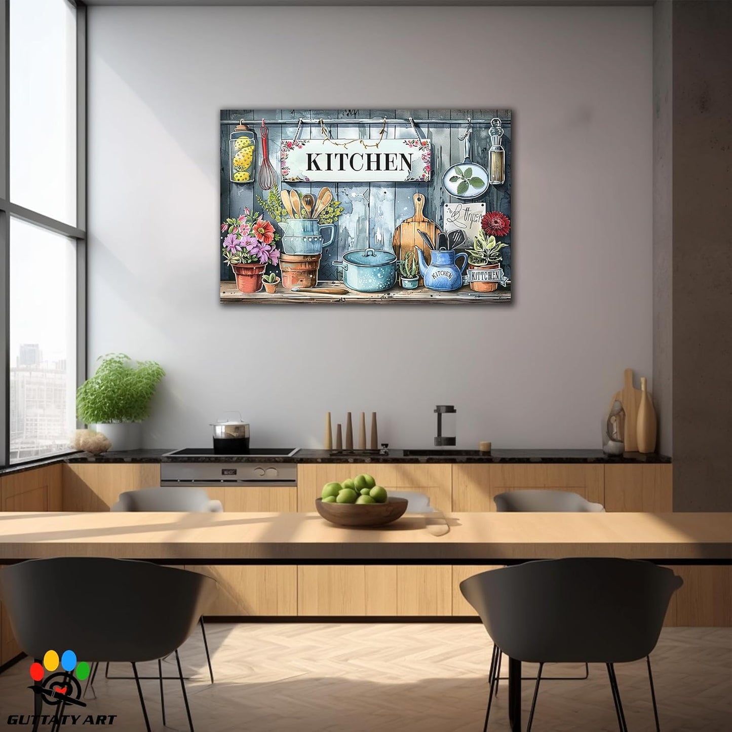 GUTTATY Kitchen Pictures Wall Decor, Farmhouse Wall Art Colorful Flowers and Various Spoons Painting for Dinning Room Restaurant Decor, Mother's Day Gift for Grandma Mom Hanging Artwork 32×48 Inch