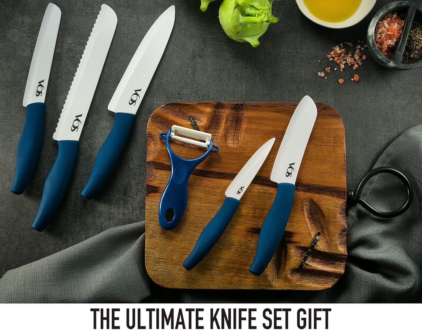 Vos Ceramic Knife Set with Peeler – 4", 5", 6", 7", 8" Blue Ceramic Kitchen Knives