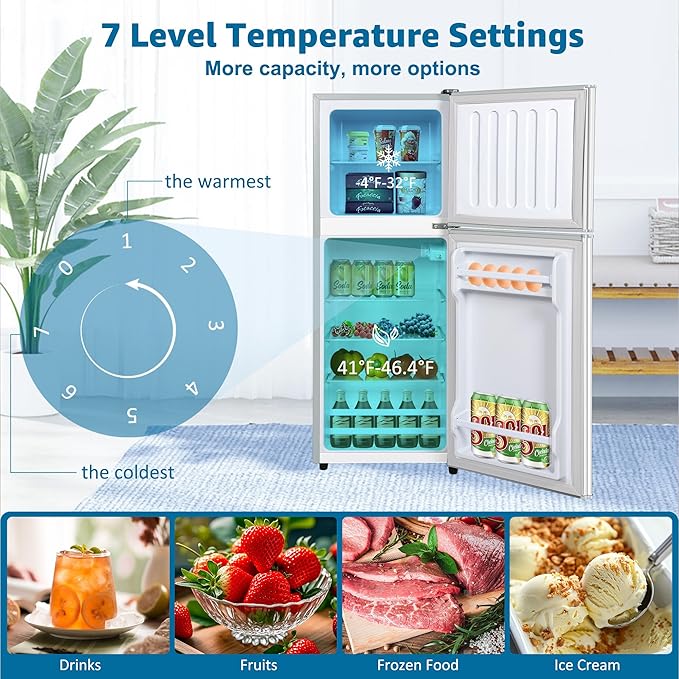4.8 Cu. Ft. Mini Fridge with Freezer, Compact Refrigerator with Adjustable 7-Level Thermostat, Double-Door Fridge for RV, Kitchen, Office, Silver