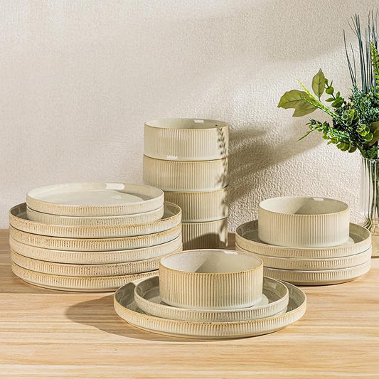 TheTerra Ceramic Dinnerware Sets for 6, 18 Pieces Porcelain Lightweight Speckled Plates and Bowls Sets, Scratch Resistant Dish Set, Oven & Microwave & Dishwasher Safe, Cappuccino