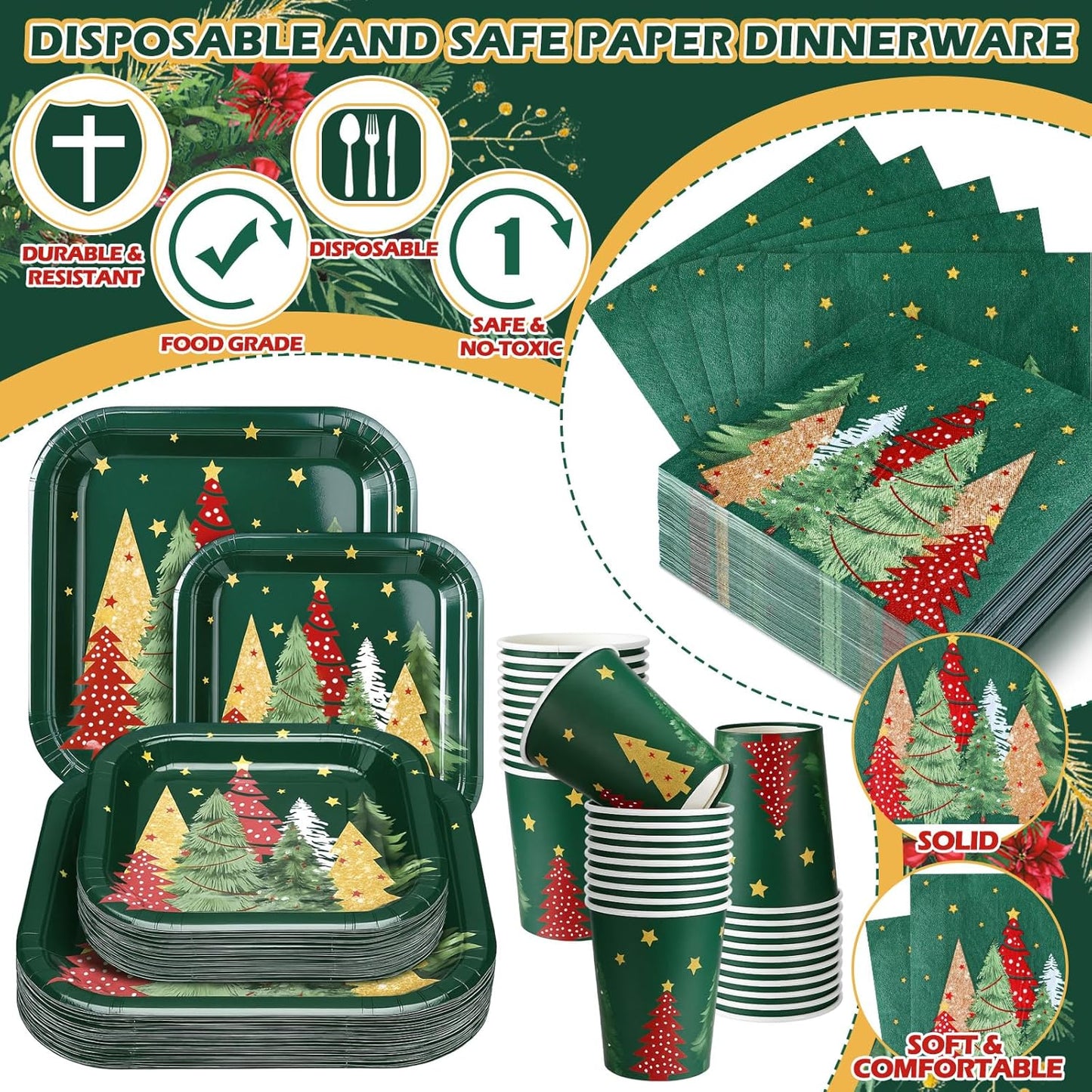 350 Pcs Paper Plates and Napkins Set Disposable Dinnerware Party Supplies Tableware Serve 50 Guest Cups Knife Forks Spoon (Green,Red,Gold,Christmas Tree)