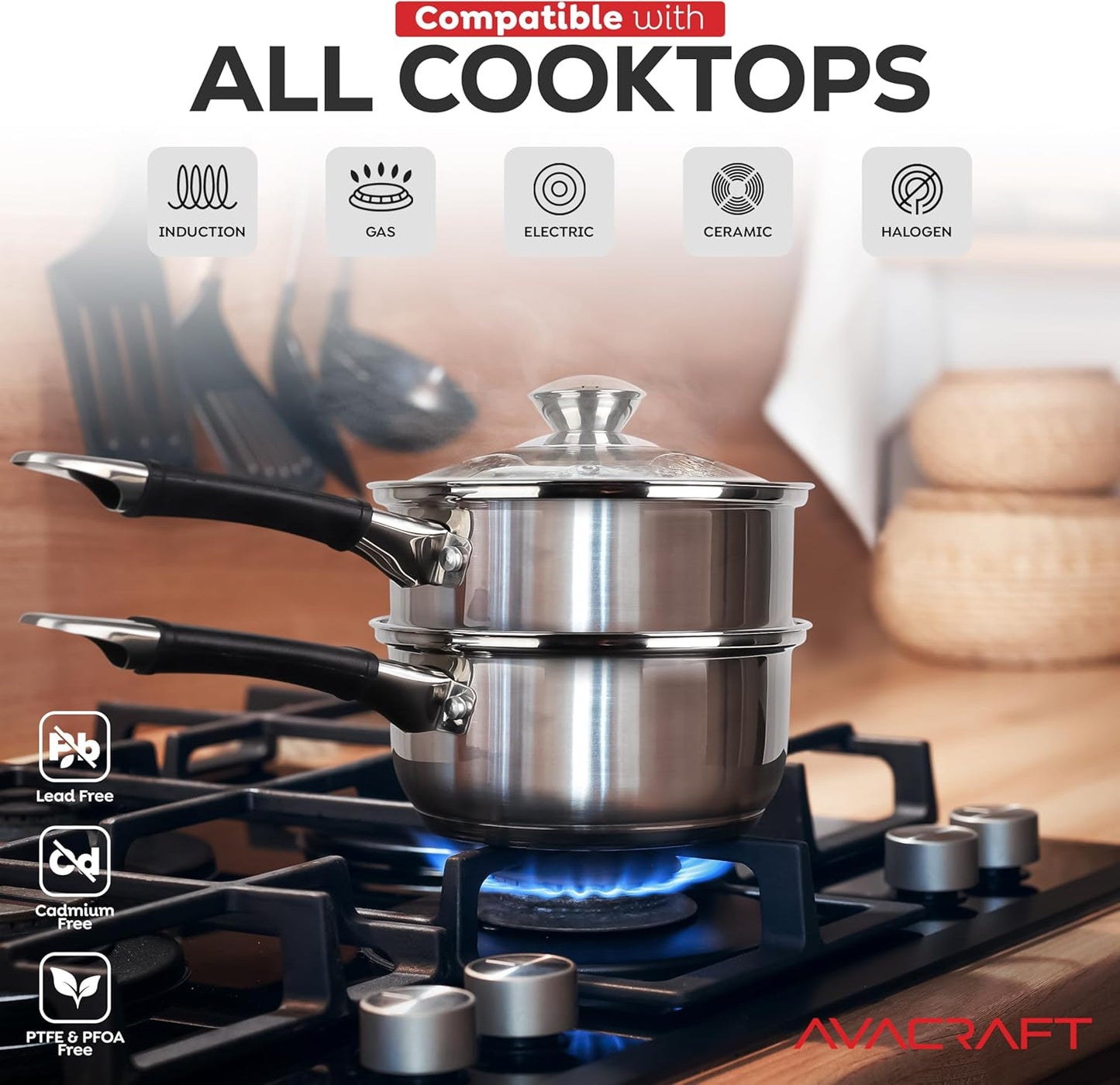 AVACRAFT 18/8 Stainless Steel Double Boiler, 1.5 Quart - Quality Clad Melting Pot for Butter, Chocolate, Cheese, Wax, Sauces - Even Heat, Tempered Glass Lid, Long Handle, Bottom has 5 Layers