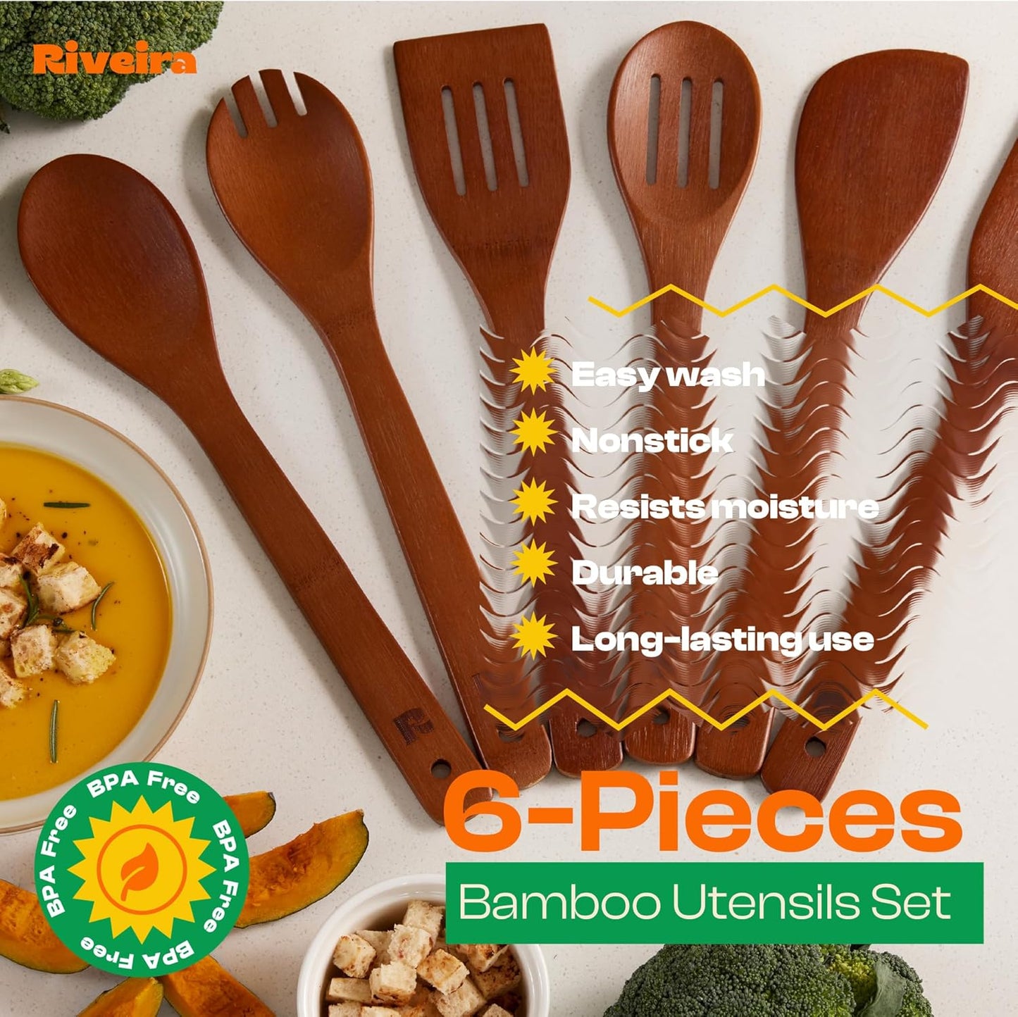Riveira Premium Brown Bamboo Wooden Spoons for Cooking Set of 6 – Premium Brown Bamboo Wooden Cooking Utensils, Wooden Spatula, Wooden Spoon - Premium Quality Wooden Utensil Set for Non-Toxic Cooking