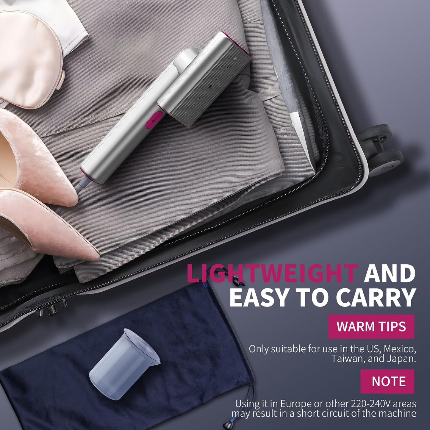 Steamer for Clothes, Portable Home & Travel Handheld Wrinkles Remover for Clothes, 15s Fast Heat-Up, 70ml Water Tank with Measuring Cup, Portable Garment Steamer for 120V Countries, Silver Gray