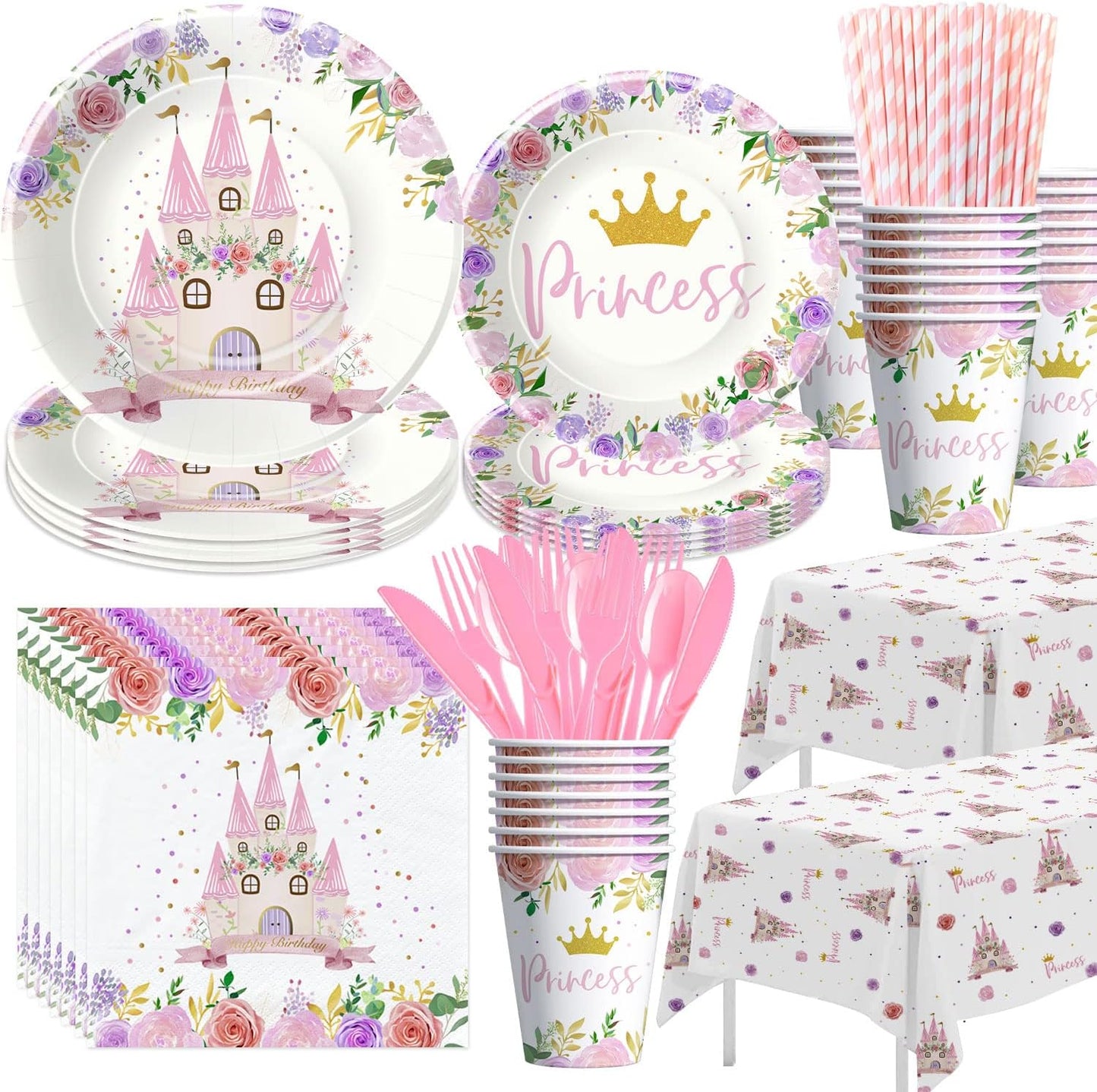 Princess Party Decorations Tableware - Princess Birthday Party Supplies Include Plates, Cups, Napkins, Tablecloth, Cutlery, Straw, Girl Birthday Baby Shower Party Decorations | Serve 24