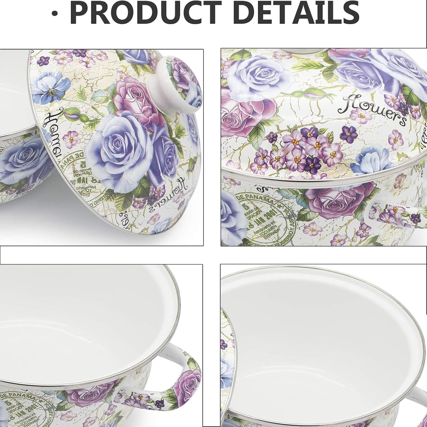 Enamel Stockpot with Lid, 2.5 Quart Retro Cooking Pot, Vintage Floral Stew Bean Simmer Pot with Handle, Kitchen Soup Pot