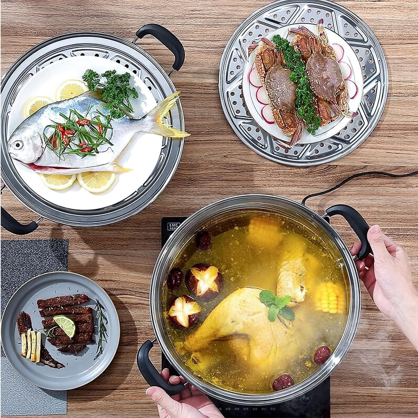 MANO Steamer Pot for Cooking 14.2 inch Steam Pots with Lid 2-tier Stainless Steel Steaming Pot Multipurpose Cookware with Handle for Vegetable, Dumpling, Stock, Sauce, Food…