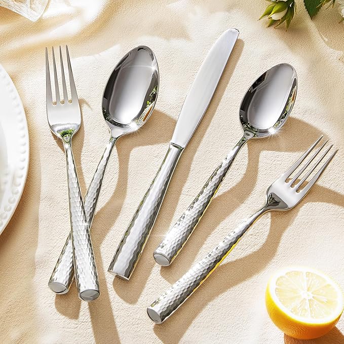 Kingstone Hammered Silverware Set, 10-Piece Flatware Set for 2, 18/10 Stainless Steel Heavy Duty Cutlery Set, Mirror Polished Utensil Sets for Home, Restaurant, wedding, Dishwasher Safe