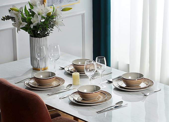 Melamine Dinnerware Sets, Dinnerware Sets for 4, 12Pcs Plates And Bowls Sets, Lightweight and Unbreakable Dish Set for Camping, Picnic,RV, Dishwasher Safe,BPA Free（Brown）