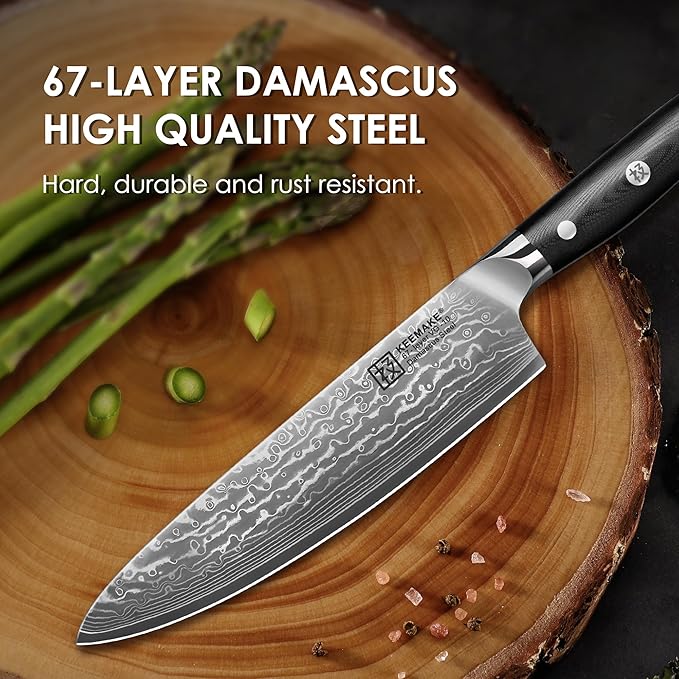 KEEMAKE Damascus Chef Knife, 8 Inch Kitchen Knife, 67 Layers Damascus Knife Professional Kitchen Knives with Japanese VG10 Core, Sharp Chefs Knives with Ergonomic G10 Handle