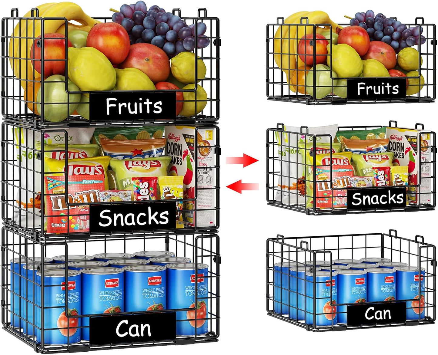 JKsmart 3 Pack Stackable Wire Baskets with NamePlates for Pantry Organizers and Storage, XL Fruit and Vegetable Basket, Metal Storage Bins for Snack Can Fruit Veggies, XL