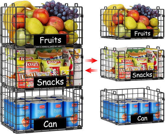JKsmart 3 Pack Stackable Wire Baskets with NamePlates for Pantry Organizers and Storage, XL Fruit and Vegetable Basket, Metal Storage Bins for Snack Can Fruit Veggies, XL