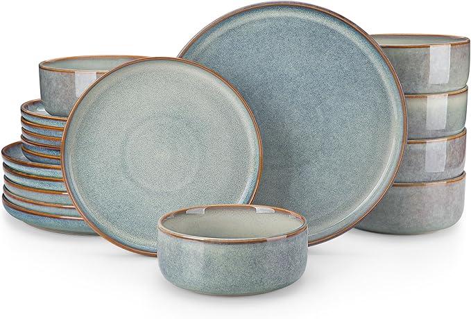 vancasso PLAYA Plates and Bowls Sets, 18 Pieces Light-Blue Dinnerware Sets for Kitchen, Reactive Glaze Dishes Set for 6, Dishwasher and Microwave Safe
