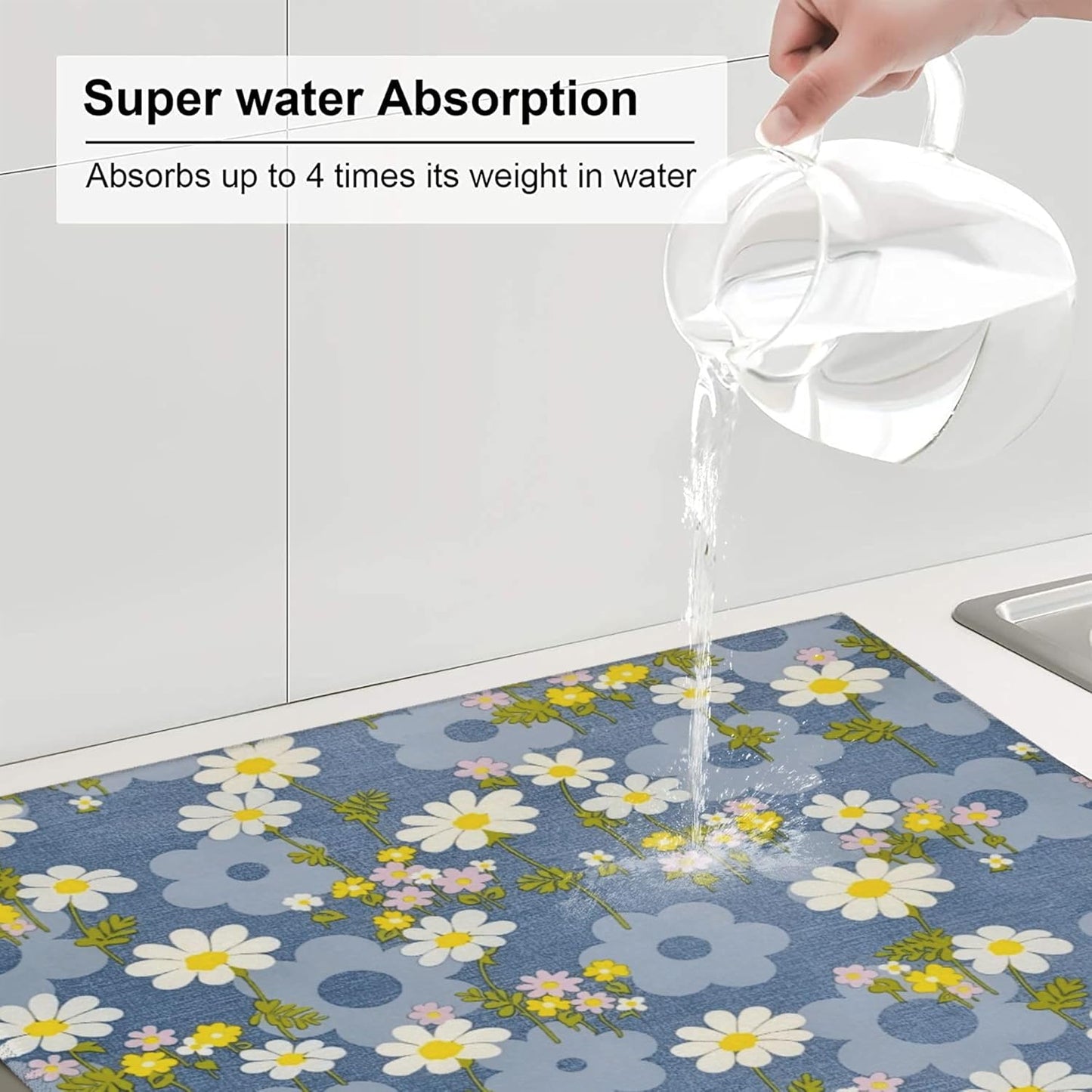 Daisy Flowers Dish Drying Mat for Kitchen Counter, 16"x18" Microfiber Absorbent Fast Dry Mat, 2Pcs Dish Mat Faucet Mats Sets, Large Drying Kitchen Mat Kitchen Drying Pad Coffee Bar Decor Gifts