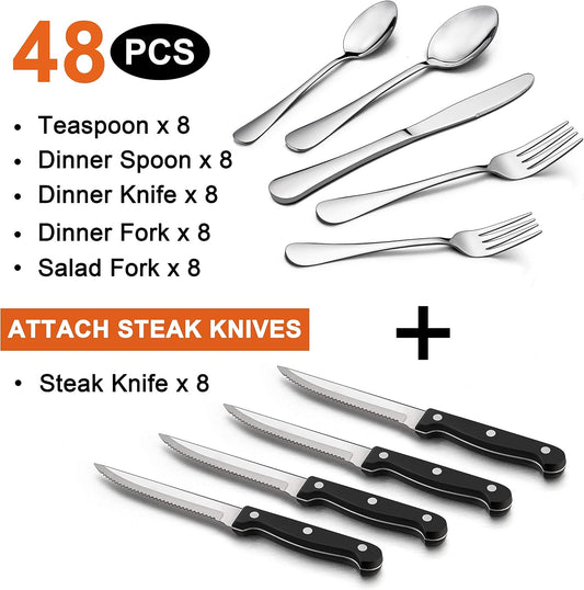 LIANYU 48-Piece Silverware Set with Steak Knives, Stainless Steel Flatware Cutlery Set for 8, Fancy Eating Utensils Tableware, Dishwasher Safe, Mirror Finish