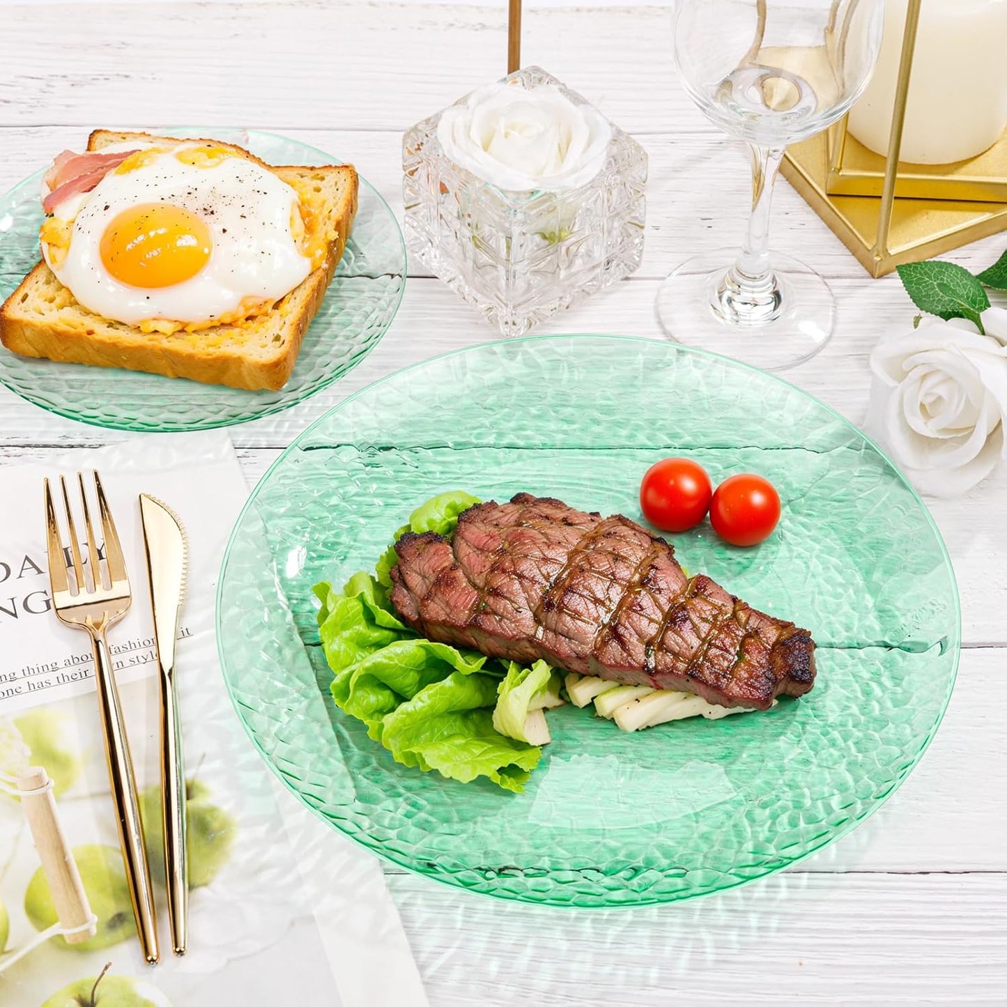 Rubtlamp 100 Pcs Clear Green Plastic Plates Dinnerware Set, Green Hammered Disposable Plates, Clear Plastic Party Plates Set Include 50 Dinner Platos,50 Dessert platos for Party