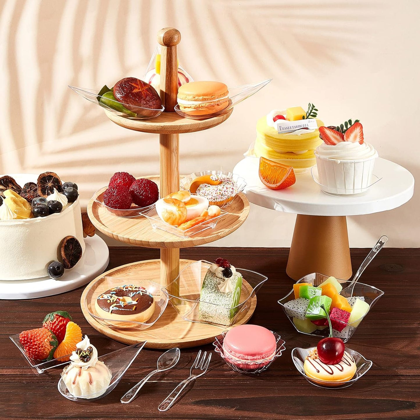 Tessco 1200 Pcs Mini Appetizer Plates Set Including 600 Pcs 6 Shapes Disposable Mini Dessert Cups 300 Spoons 300 Forks for Party Wedding Pudding Ice Cream(Clear)