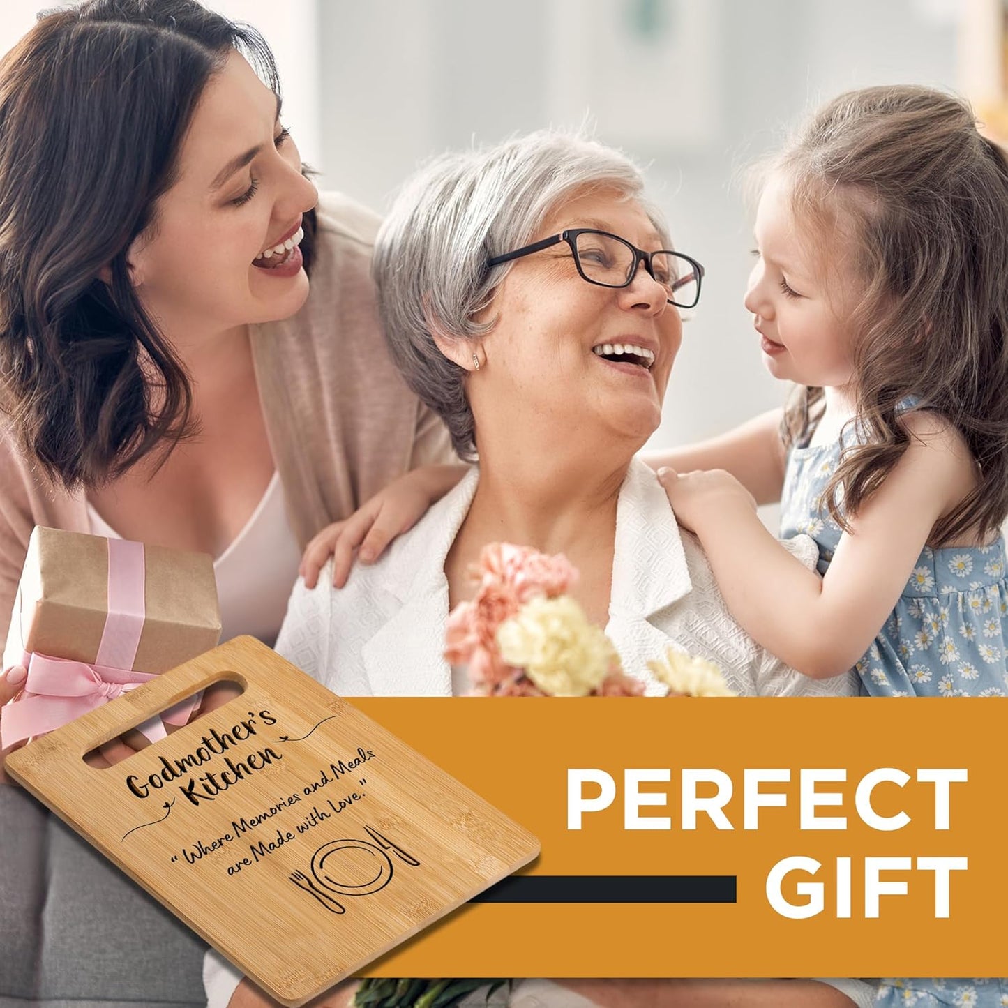Gift for Godmother: Godmother's Kitchen Where Memories and Meals Are Made - Decorative Bamboo Cutting Board with Handle, 12" x 8"