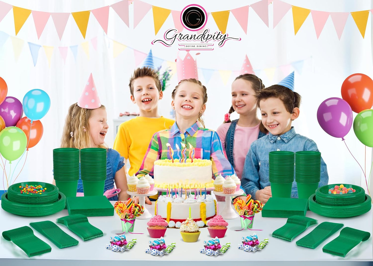 Grandipity 350 Piece Green Disposable Dinnerware Set, Includes 50 of Each: 9" Dinner Plates, 7" Dessert Plates, 12oz Cups, Paper Napkins, Forks, Knives & Spoons