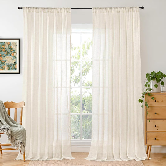 BGment Linen Curtains 84 Inch Length for Living Room, Light Beige Lightweight Rustic Country Window Drapes for Farmhouse Bedroom Decor Rod Pocket Textured, 2 Panels Set, Each 60 Inch Wide