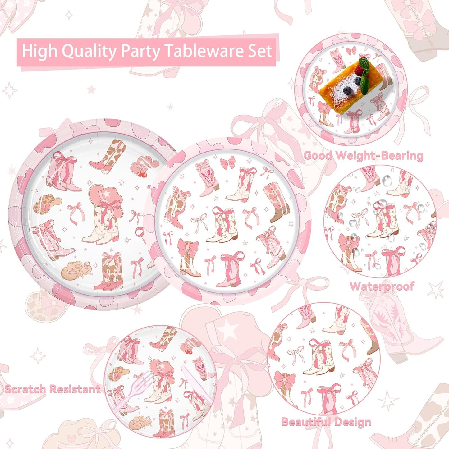 Pink Bow Cowgirl Party Dinnerware Kit for Girls - 20 Guests All-in-One, Bow Cowgirl Decorations, Coquette Birthday Supplies Plates Cutlery Napkins Cups Tablecloth for Western Baby Shower Bachelor