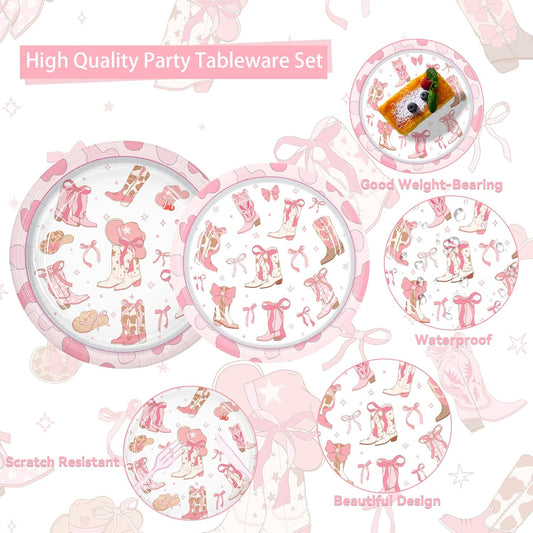 Pink Bow Cowgirl Party Dinnerware Kit for Girls - 20 Guests All-in-One, Bow Cowgirl Decorations, Coquette Birthday Supplies Plates Cutlery Napkins Cups Tablecloth for Western Baby Shower Bachelor