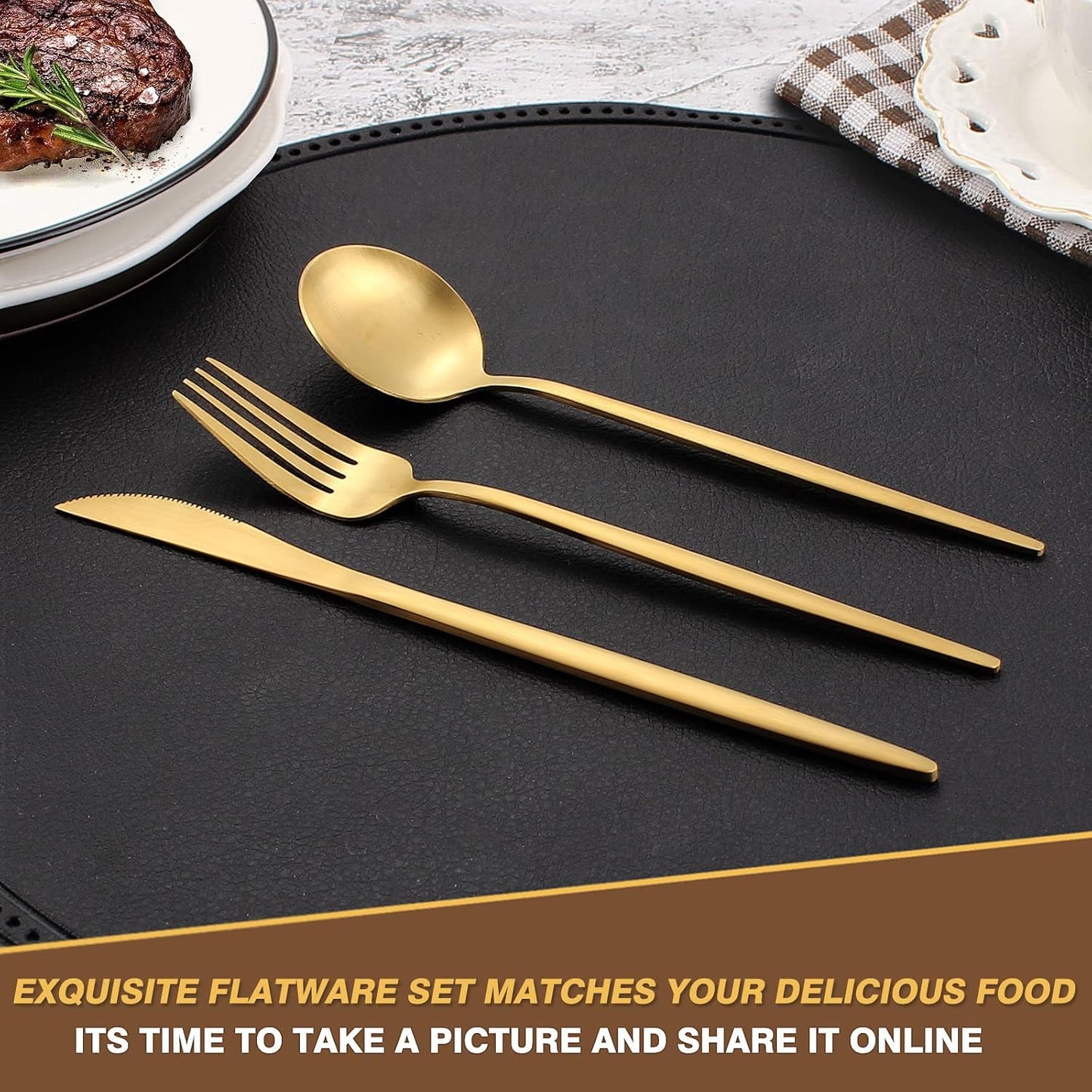 20 Pieces Silverware Set，Matte Gold Stainless Steel Flatware Cutlery Set Service for 4, Stain Finish Kitchen Utensil Set，Include Dinner Knives Forks and Spoons Silverware, Dishwasher Safe