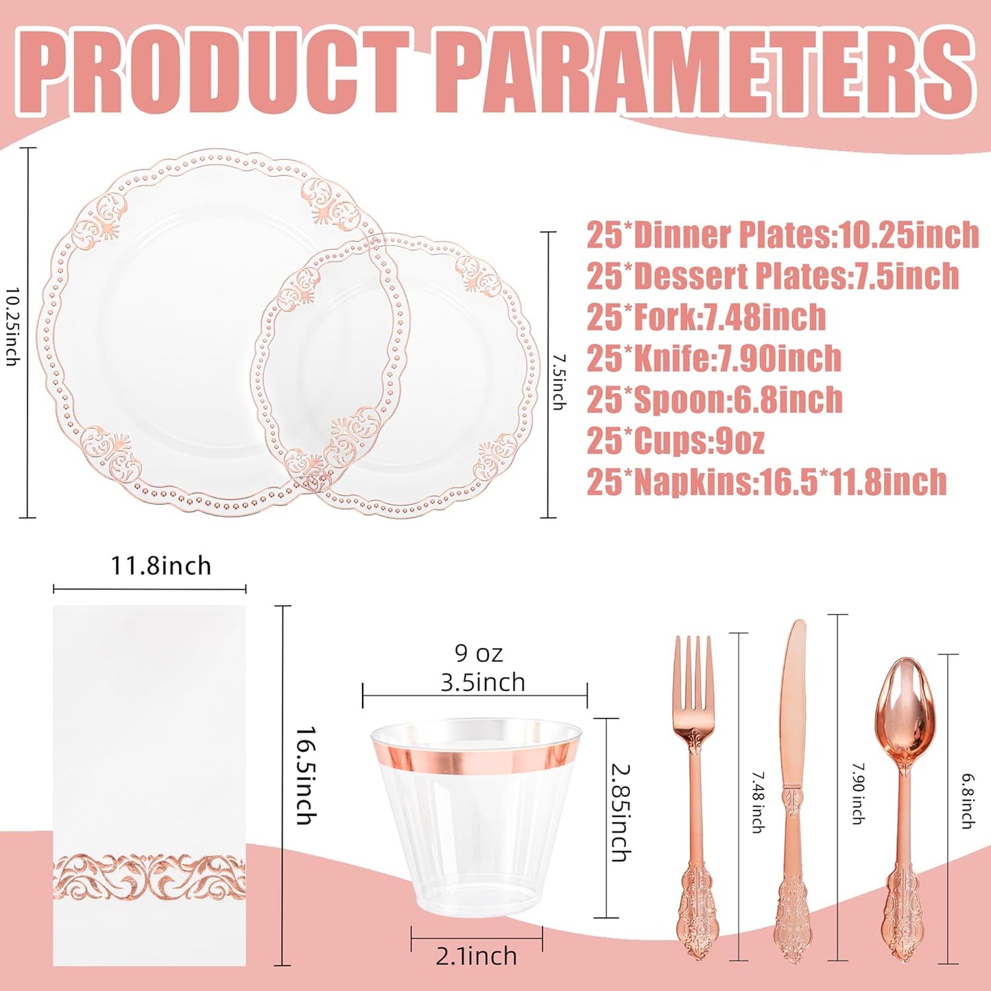 Ciaell 175 PCS Rose and Gold Plastic Plates - Fancy Rose Gold Disposable Dinnerware Set with of 50 Plates, 25 Knives, 25 Forks, 25 Spoons, 25 Cups, 25 Napkins for Wedding & Party