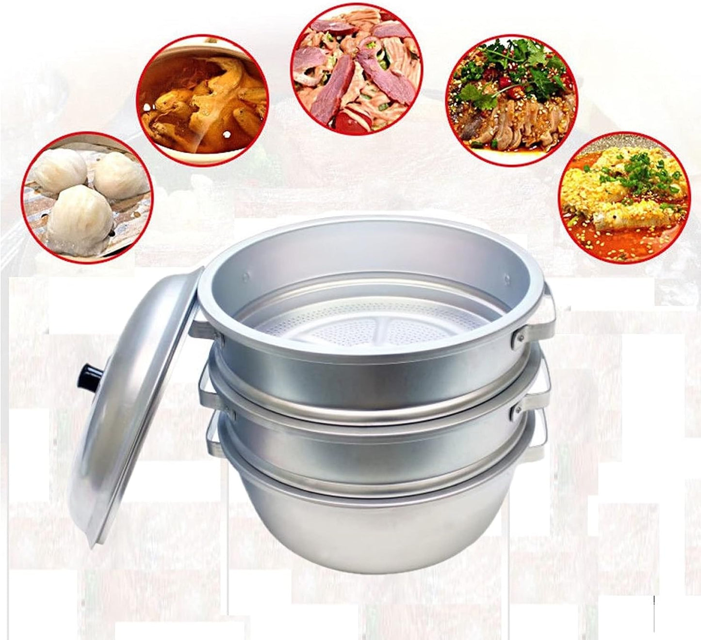 TrueCraftware- 13" x 19-1/2" Aluminum 3 Tier Steamer Set 1/8” hole size- Steamer for Cooking Pot Food Steam Pots with Lid for Cooking Vegetables Seafood Soups Stews and Pasta