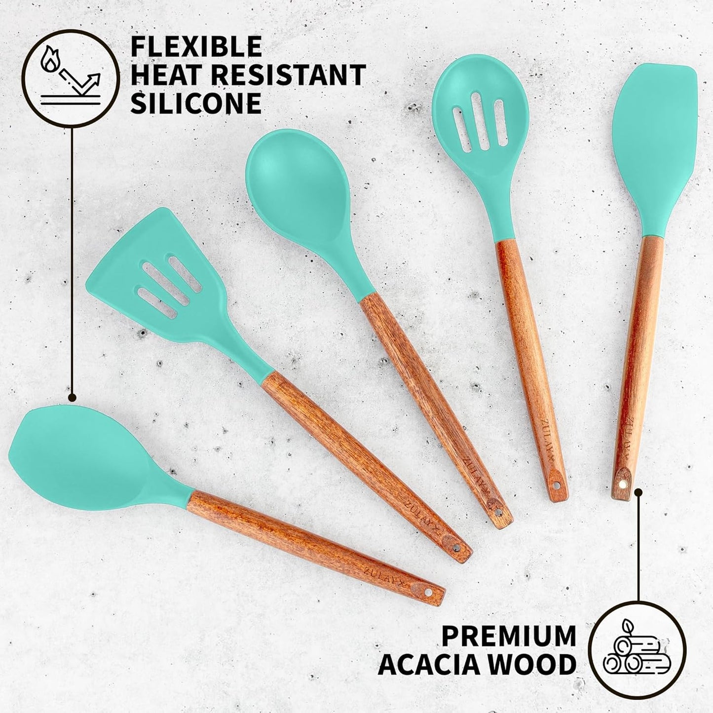 Zulay Kitchen Non-Stick Cooking Utensils Set with Authentic Acacia Wood Handles – 5-Piece Durable & Stylish Silicone Kitchen Utensils Set – Heat Resistant to 464°F – Mint