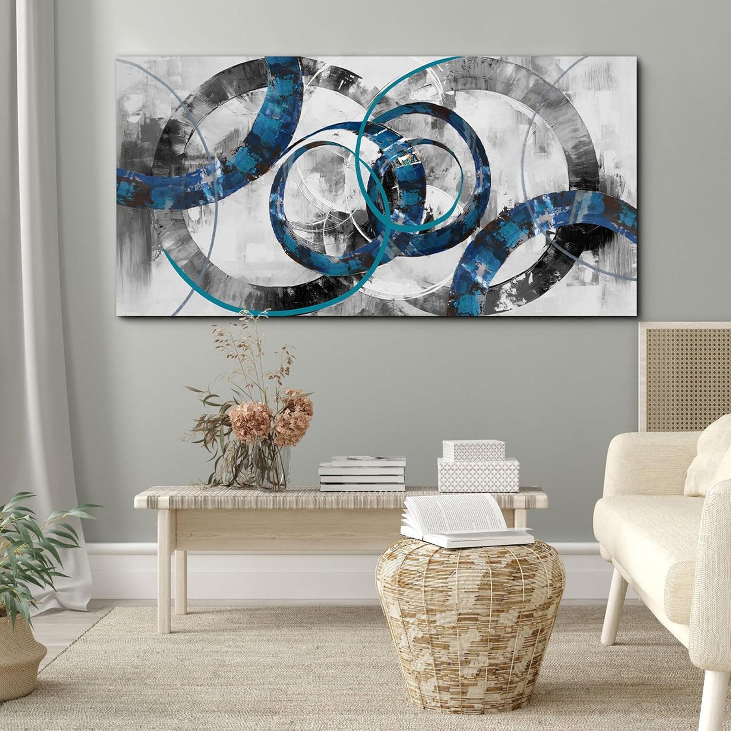 XLSJERST Blue Abstract Canvas Wall Art - Modern Art Wall Decor Wall Pictures for Living Room Bedroom Office Gray and White Paintings Artwork for Wall Size 29x58 Inches