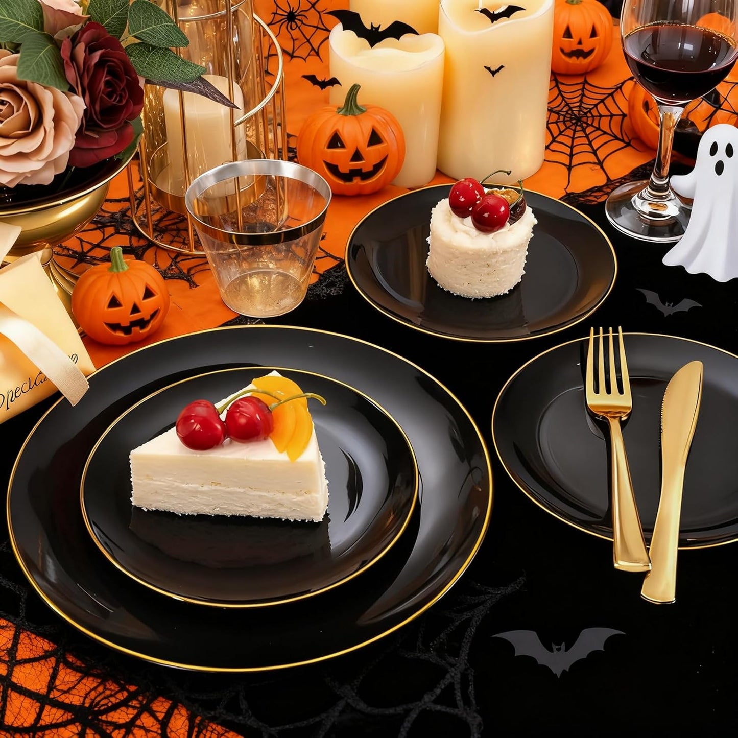 WDF 300PCS Black and Gold Plates - Black Plastic Plates for Party - 50guest Disposable Dinnerware Sets for Party/Wedding/Halloween/New Year