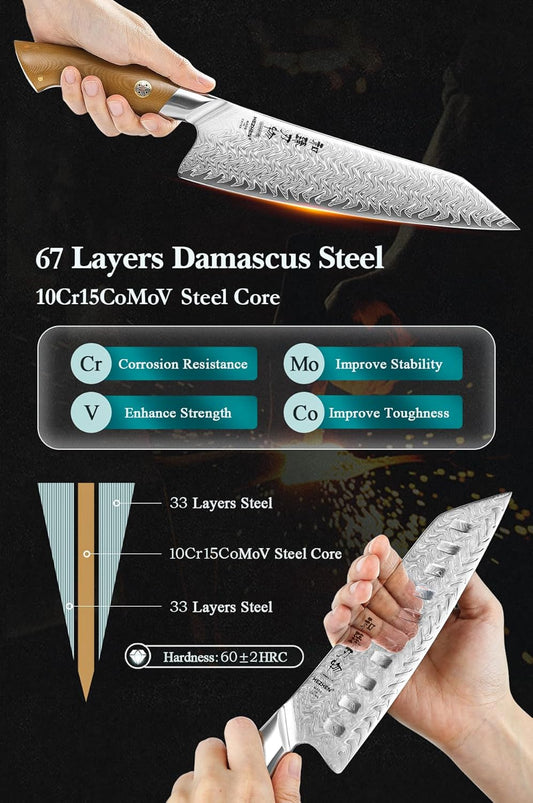 HEZHEN Chef Knife Set, 5 Pieces, 67 Layers Damascus Steel Kitchen Knife Set, ltra-sharp Blade, Professional Knife Sets for Chefs and Home Cooking, Linen Micarta Handle, Gift Packing