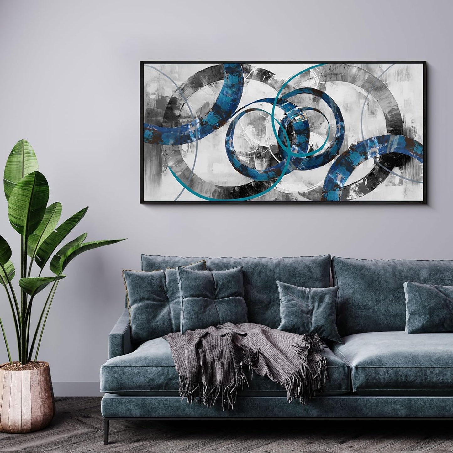 XLSJERST Large Frame Wall Art Blue Abstract Canvas - Modern Art Decor Pictures for Living Room Bedroom Office Gray and White Paintings Artwork Size 24x48 Inches