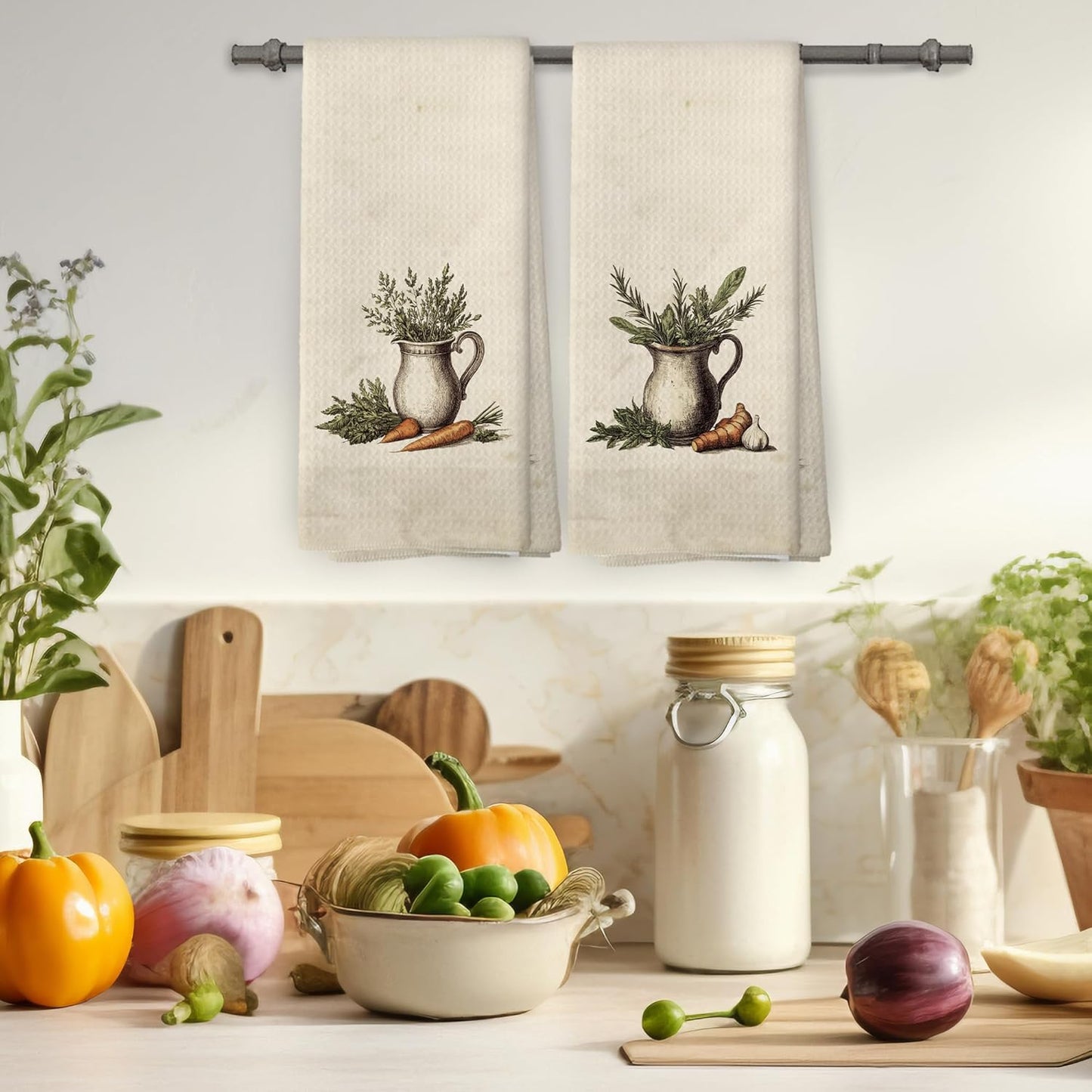Vintage Country Kitchen Herbs Kitchen Towels Set of 2,Farmhouse Kitchen Decor Hand Towel, Carrot Ginger Garlic Still Life Food Decorative Tea Towel Dish Towels 16x24 Inch