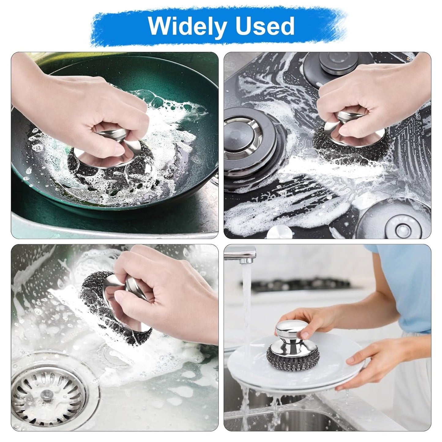 5PCS Stainless Steel Scrubber Pads, Steel Wool Scrubber Set with 2Pcs Handle, Stainless Scrubber for Cleaning Kitchen and Household, Dishes, Stoves, Grill, Wash Sink, Pots