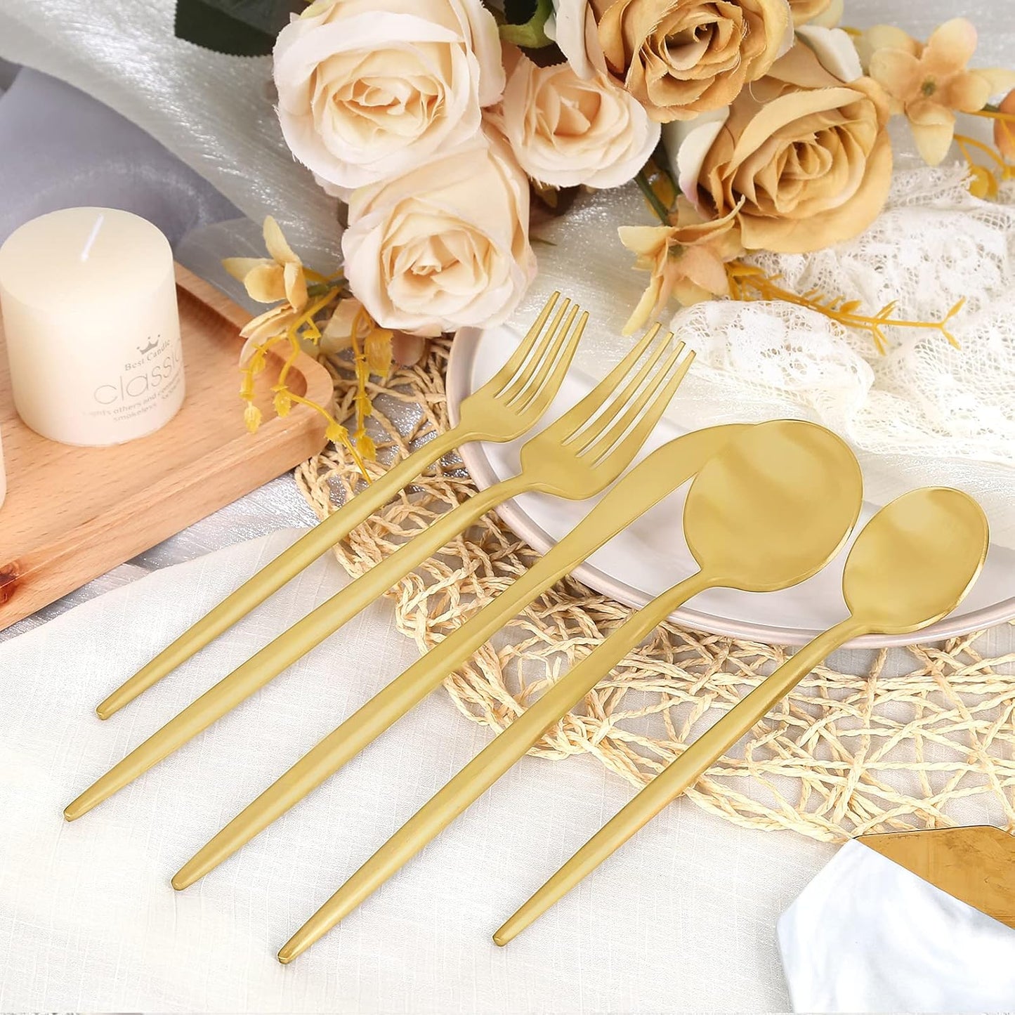 Matte Gold Silverware Set 30 Pieces, FAMEWARE Stainless Steel Flatware Set，Service for 6，Kitchen Utensil Set, Tableware Cutlery Set, Satin Finished Polished & Dishwasher Safe