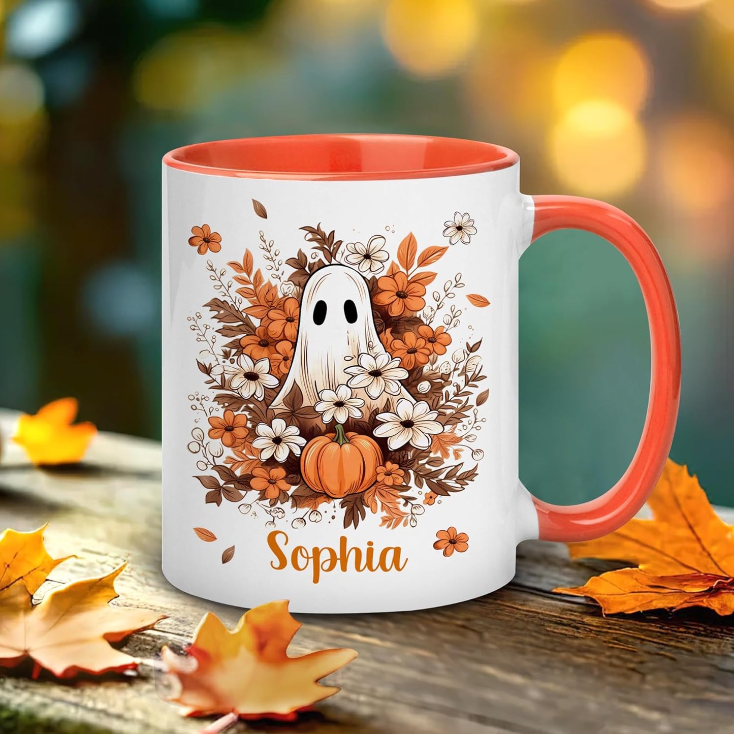 Hyturtle Personalized Fall Halloween Mug Gifts - Spooky Ghost - Custom Name Coffee Cup Ceramic Mug 11oz 15oz - Autumn Gifts For Her - Fall Thanksgiving Decor Gift