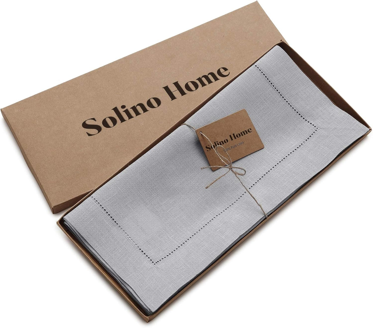 Solino Home Linen Soft Grey Table Runner 120 Inches Long - 100% Pure Linen Hemstitch 14 x 120 Inch Table Runner for Dining, Fall, Autumn, Thanksgiving, Christmas - Classic Hemstitch