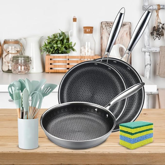 Vivicreate 19-Piece Tri-ply Stainless Steel Frying Pan Set Skillets cookware set with Kitchen Utensils 9.5 10.25 11.02 Inch Pan sets sartenes de acero inoxidable