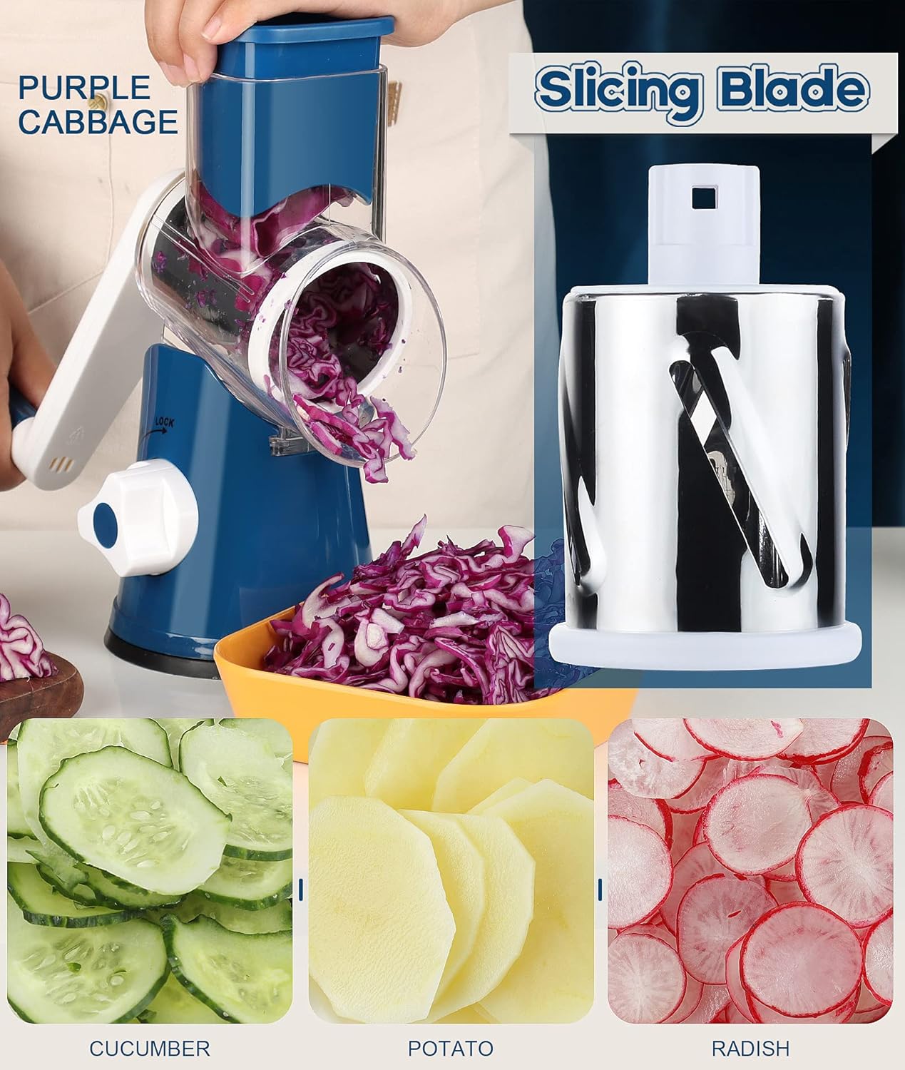 Ourokhome Rotary Cheese Grater Hand Crank, Kitchen Shredder Speed Mandolin Slicer Nut Grinder with Handle and Drum Blades for Cheese, Vegetable, Walnut, Chocolate, Potato, Carrot, 3 Blades, Dark Blue