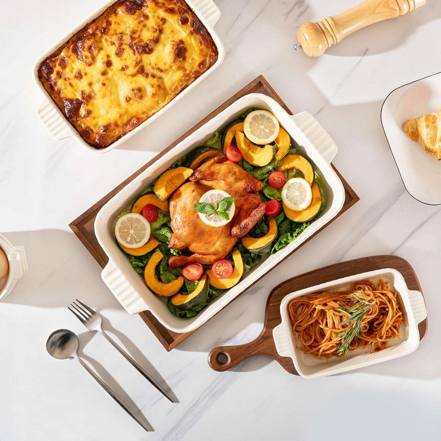 Sweejar Ceramic Baking Dish Set, Cake Baking Dish for Brownie, Porcelain Striped Casserole Dishes for Oven with Handle for Lasagna, Family Dinner(White)