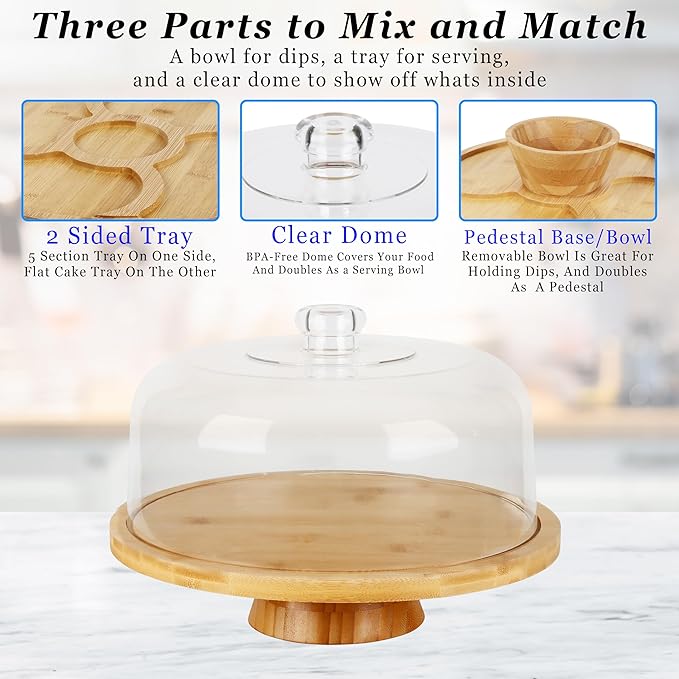 JOEY'Z 6 in 1 Large Bamboo Wood Cake Stand with Lid - Multiuse Wooden Cake Stand with Dome Acrylic Cake Cover/Cake Dome - Cake Holder With Lid - Bamboo Base Punch Bowl - Cake Stands