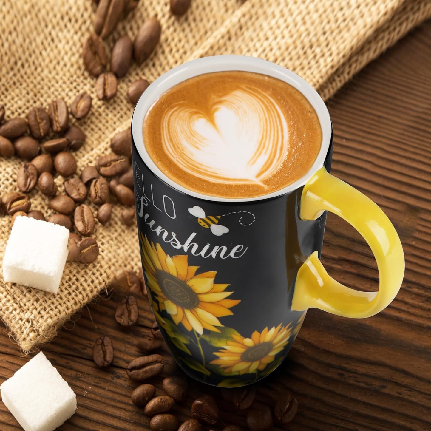 Topadorn 17oz Ceramic Travel Mug with Handle and Splash-Resistant Slider Lid, Suitable for Coffee and Tea, Microwave & Dishwasher Safe, Sunflower