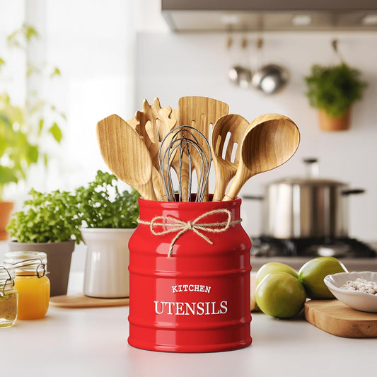 Barnyard Designs Ceramic Farmhouse Utensil Holder for Kitchen Counter, Large Rustic Utensil Crock, Countertop Cooking Tool Spatula Organizer, 6.75” (Red)