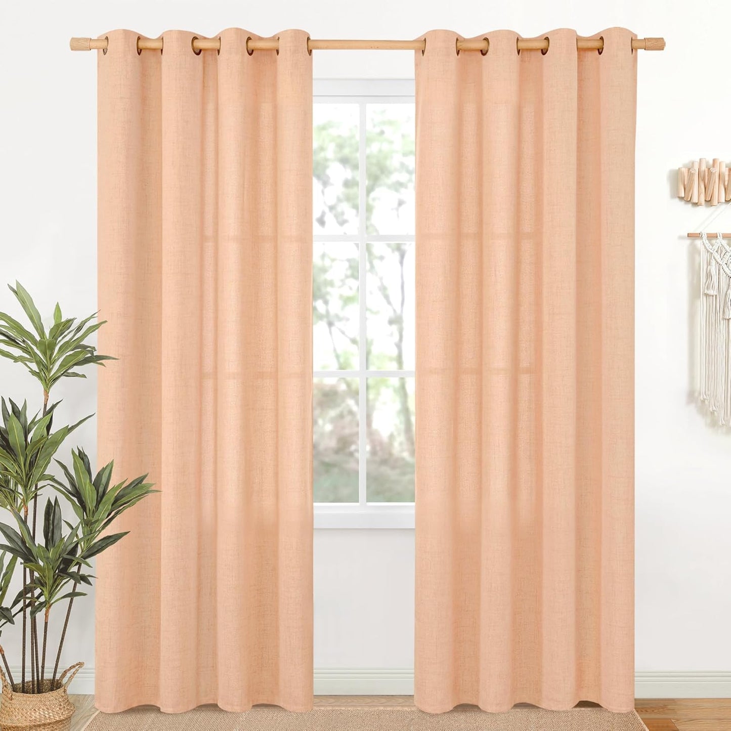 YoungsTex Peach Linen Curtains 80 Inches Long for Living Room, Coral Semi Sheer Drapes Textured with Bronze Grommet Light Filtering Spring for Dining Bedroom, 52 x 80 Inch, 2 Panels