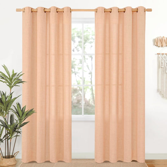 YoungsTex Peach Linen Curtains 80 Inches Long for Living Room, Coral Semi Sheer Drapes Textured with Bronze Grommet Light Filtering Spring for Dining Bedroom, 52 x 80 Inch, 2 Panels